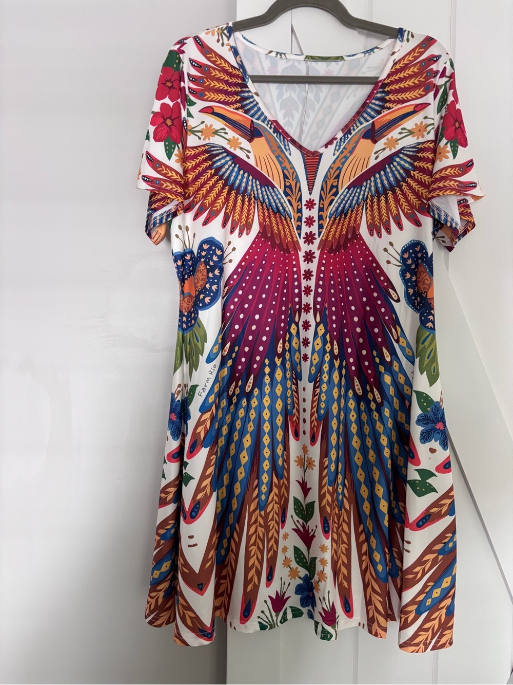 FARM Rio White Tunic with Multicolor Feather & Floral Motif